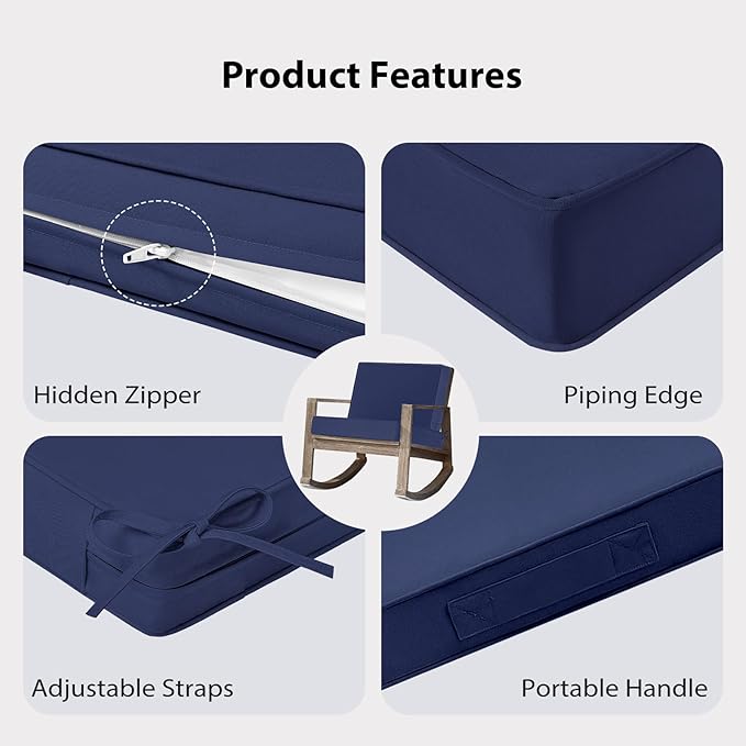 Waterproof Outdoor Chair Cushions 22x22, Memory Foam Outdoor Cushions for Patio Furniture with Removable Cover, Deep Seat Cushions for Outdoor Furniture with Ties and Handle, Navy