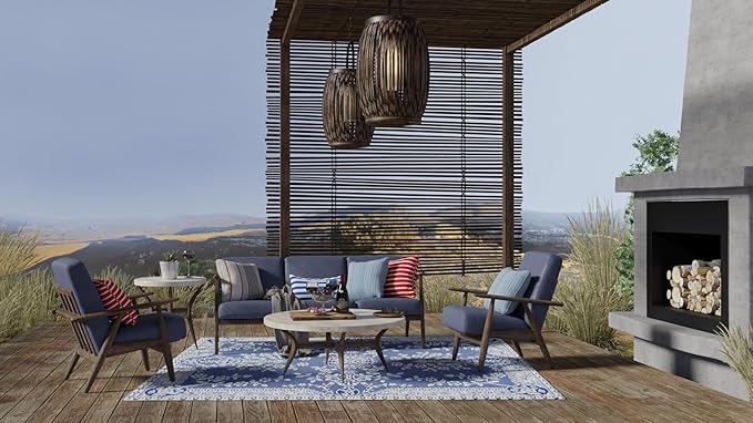 Mad Mats Traditional Outdoor Rug, Reversible Plastic Mat (6' x 9', Oriental Garland - Blue/White)