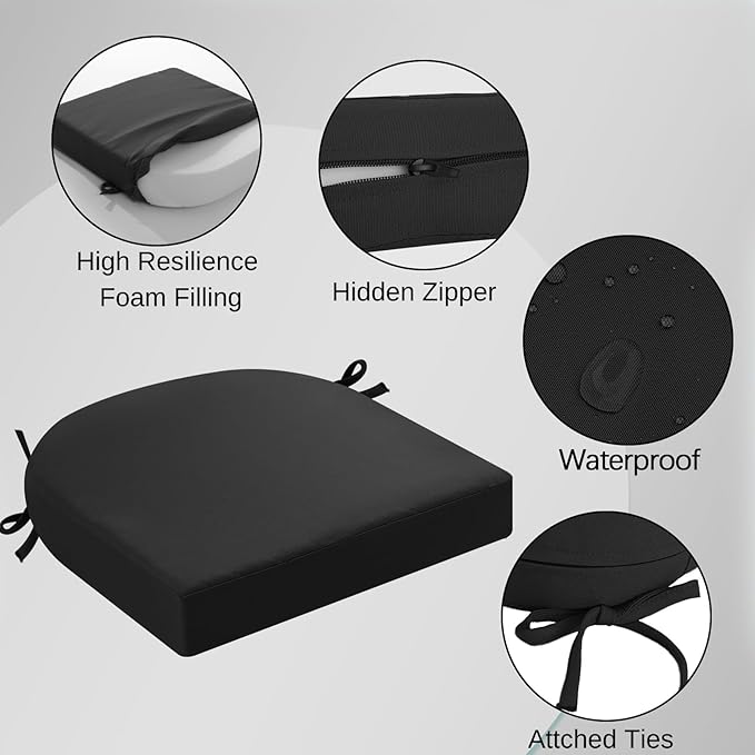 idee-home Outdoor Chair Cushions Set of 2, Thick 19" x 19" x 3" Outdoor Seat Cushions Patio Furniture Waterproof with Ties, Dining Pads