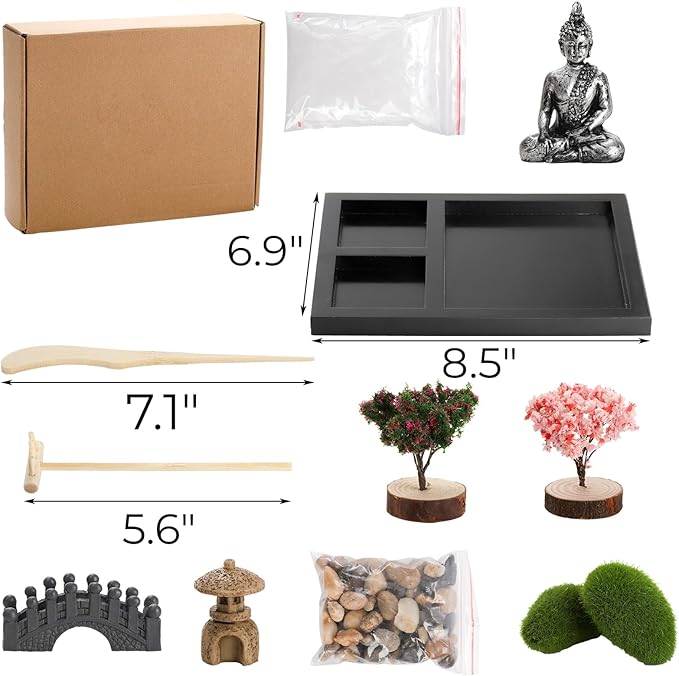 Hiceeden Zen Garden Kit for Desk, 8.5×7.5 Inches Japanese Mini Zen Garden Accessories, Sand Tray Therapy Kit Meditation Gift for Home Office Desk Decor