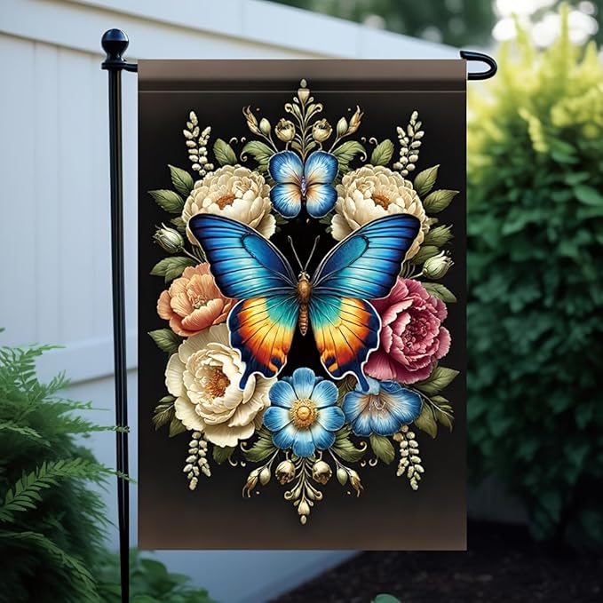 Blue Butterfly Garden Flag 12x18 Inch Double Sided Outdoor Yard Banner Colorful Floral Butterfly Design for Spring Summer Porch Patio Lawn Garden