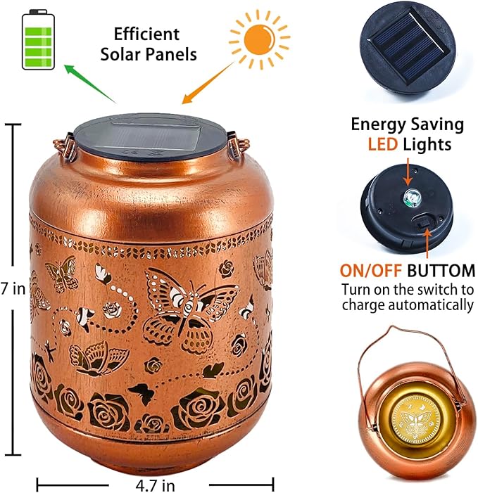 2 Pack Butterfly Outdoor Solar Hanging Lanterns Waterproof LED Solar Lights Metal Decorative Lanterns for Garden, Patio, Courtyard, Backyard, Yard Decor Unique Butterfly Gifts for Women Gardening