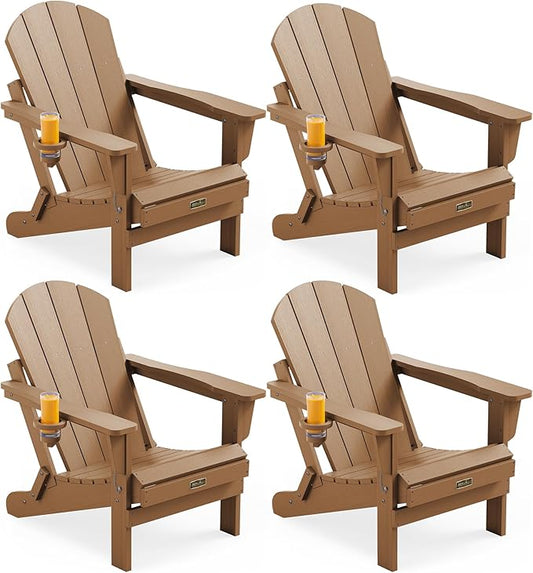 SERWALL Folding Adirondack Chair Set of 4 Outdoor Chairs with Cup Holder Painted Adirondack Chair Weather Resistant for Patio Deck Garden, Backyard Deck, Fire Pit- Brown
