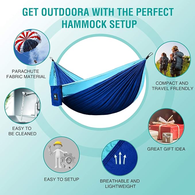 ERUW Hammock Camping, Portable Single/Double Hammocks for Outdoor Hiking Travel Backpacking - 210D Nylon Hammock Swing for Backyard & Garden (Blue/Sky Blue)