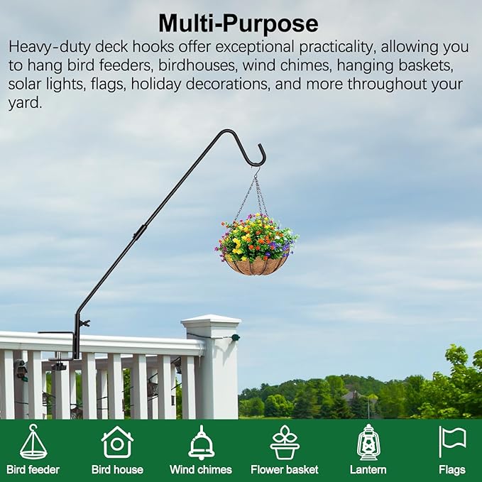 Camii Heavy Duty Deck Hook, 22 to 35 Inch Extended Adjustable, 360° Rotatable Solid Steel Rod, Fence Deck Hangers for Hanging Bird Feeders, Plants, Planters, Suet Baskets, Lanterns, Wind Chime