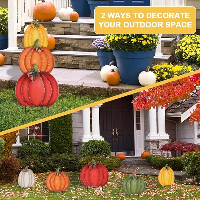 PHITRIC Fall Decorations Outdoor, 34" 2PCS Decorative Garden Stakes with 6 Pumpkins for Fall Decor, Metal Yard Signs for Home Outside Garden Yard Lawn Patio, Thanksgiving Decorations