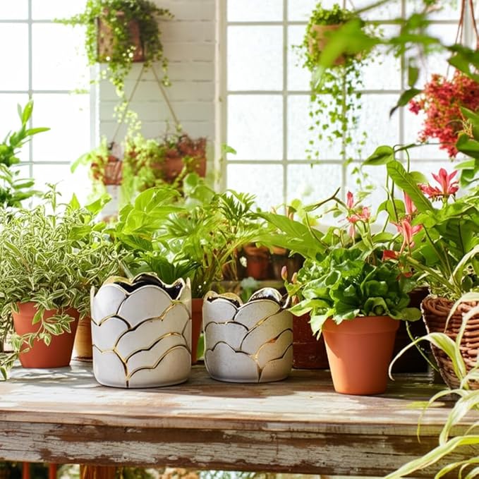 Modern Decorative Home Decor Planters for Flower Pots - Ideal for Indoor and Outdoor Plants for House Decor - Plant Pots for Garden Accent or Plant Stand Indoor - Set of 2, 7", 5", Ivory & Gold