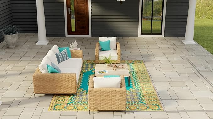 Mad Mats Traditional Outdoor Rug, Reversible Plastic Mat (5' x 8', Oriental Turkish - Aqua) for Patio, Porch, Poolside, Mudroom, Camping, RV, Deck