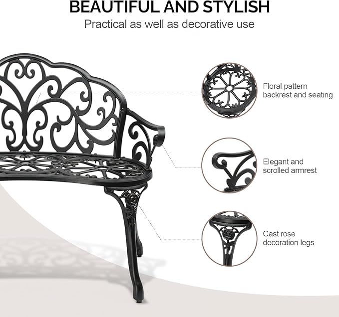 VINGLI 38.5" Patio Park Garden Outdoor Metal Rose Bench, 2-Person Cast Iron Cast Aluminium Frame Antique Finish Chair,Accented Lawn Front Porch Path Yard Decor Deck Furniture (Black, Butterfly)