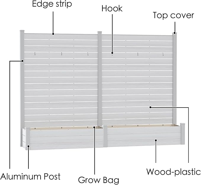 Kozyard 2Pack Privacy Screen with Planter, 70" H x 51" W Outdoor Garden Screen, Waterproof Aluminum Frame with Thick Wood-Plastic Boards, Decorative Privacy Screen for Patio, Balcony & Backyard White