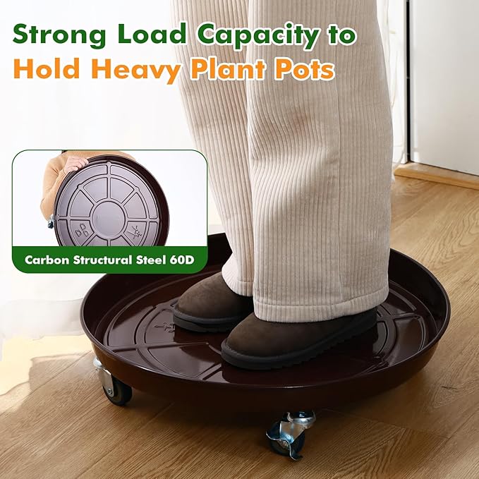 3 Packs 20 inches Metal Plant Caddy with Wheels Extra-Large Rolling Plant Stand Heavy-Duty Iron Plant Dolly Casters for Indoor Outdoor Flower Pot Mover Roller Coasters, Dark Coffee