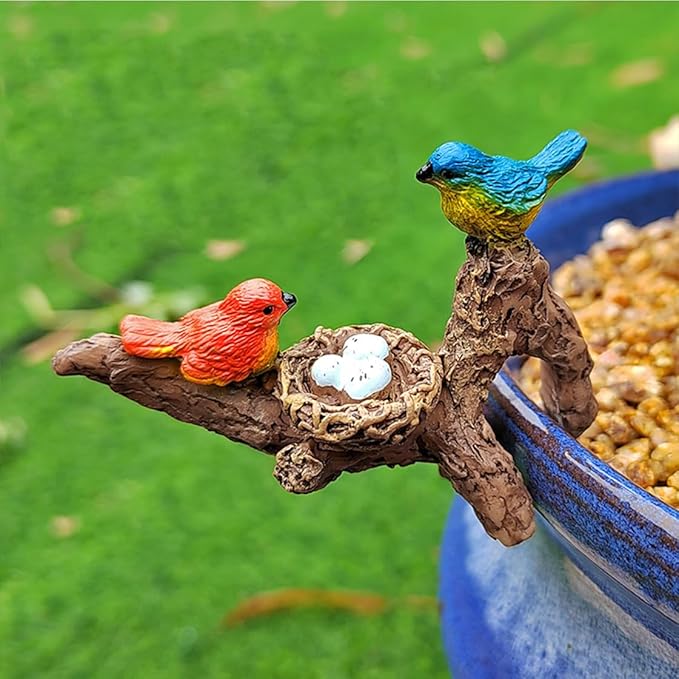2pcs Birds Perched on Branches Flower Pot Hugger Figurines Mini Resin Birds Fish Tank Hanging Decoration Aquarium Ornament for Bonsai Planter Terrarium Garden Decor