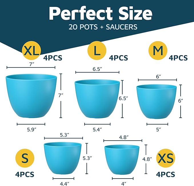 Blue Plant Pots with Drainage Holes & Saucers 20 Pack, Indoor & Outdoor Stackable Space-Saving Planters for Houseplants & Flowers, (7", 6.7", 6", 5.3", and 4.8" Inches), Durable & Weatherproof
