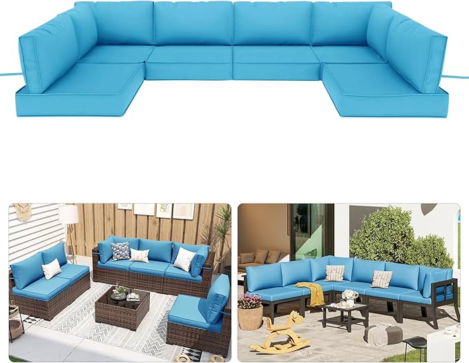 Patio Sectional Cushions, 14-Piece Replacement Cushions for Outdoor Furniture, Water-Resistant Outdoor Sofa Cushion for 6-Seat Rattan Wicker Sectional Conversation Sets (Sky Blue)
