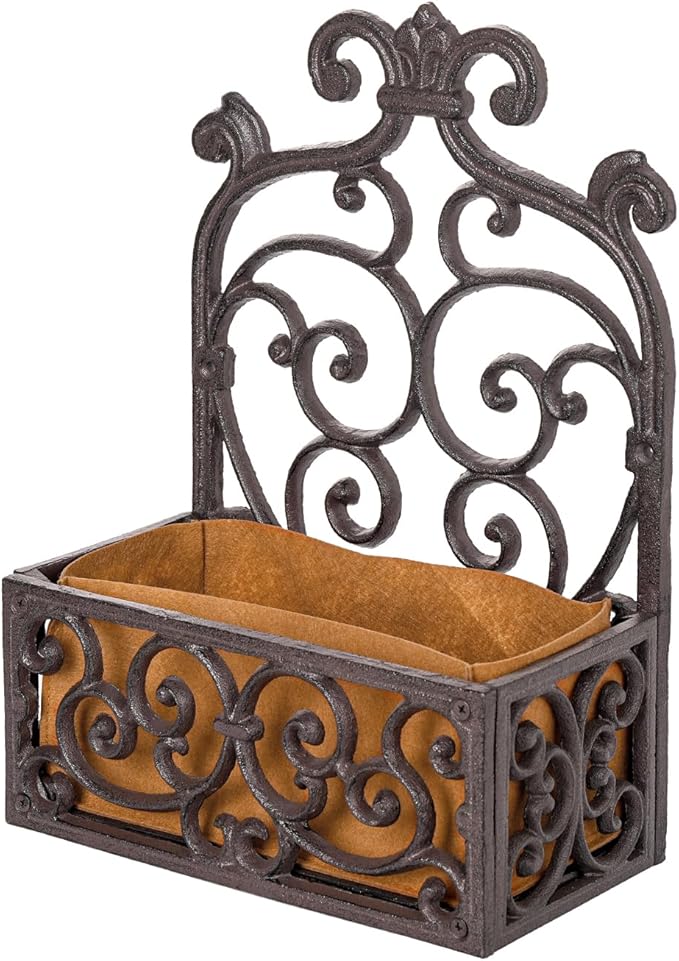 Sungmor Vintage Cast Iron Wall-Mounted Planter Basket with Fabric Liner,Rustic Scrollwork Hanging Flower Holder,Decorative Wall Shelf for Plants,Outdoor Hanging Basket Flower Pot