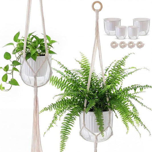 6 Pack Self Watering Hanging Planters Indoor Flower Pots(4.5"+6.5") Visible Water Level Markers 3 Hanging Ropes with Drainage Holes for Indoor Outdoor Garden Home Decor Supplies (White)