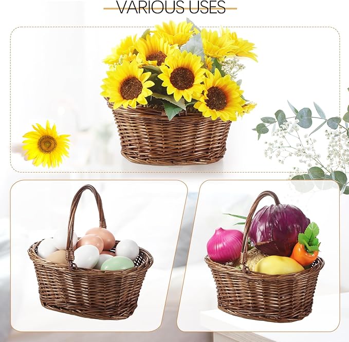 Barydat 6 Pcs Small Wicker Picnic Basket with Handle Flower Girl Baskets Oval Willow Woven Braided Gift Basket for Easter Weddings Baby Shower Home Garden Decor (Brown,9" x 7" x 4")
