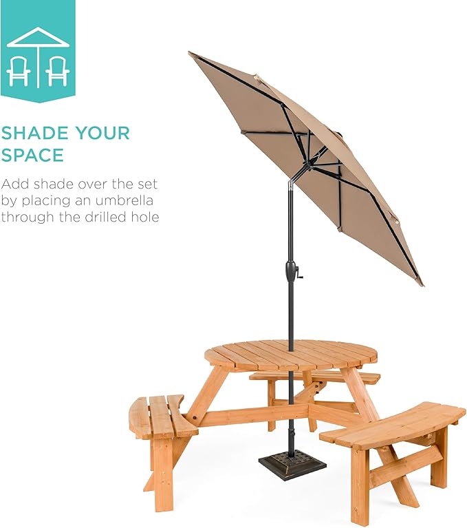 Best Choice Products 6-Person Circular Outdoor Wooden Picnic Table for Patio, Backyard, Garden, DIY w/ 3 Built-in Benches, 500lb Capacity - Natural