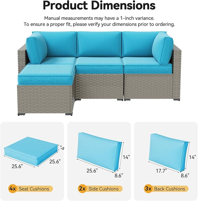 Aoxun Replacement Cushions for Outdoor Furniture, 9-Piece Outdoor Cushions for Patio Furniture, Deep Seat, Splash-Proof & Fade Resistant Couch Cushion for 4-Seat Patio Conversation Sets, Sky Blue