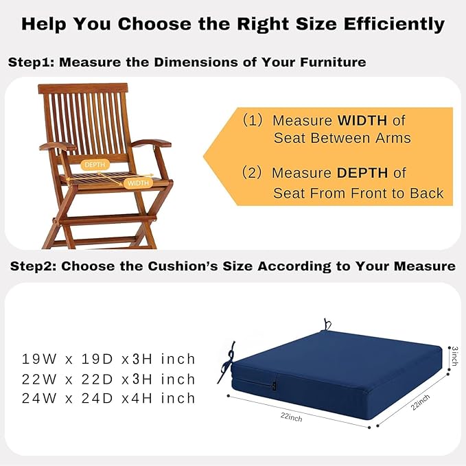 idee-home Outdoor Chair Cushions Set of 2, Waterproof Outdoor Seat Cushions for Patio Furniture, Outside Replacement Chair Pad with Ties for Lawn Deck Porch, 22 x 22 Navy Blue