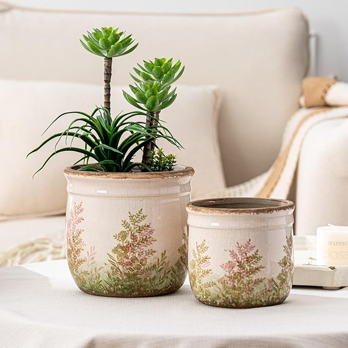 Vintage Pink and Green Ceramic Planter Set of 2, 4.7+5.7 Inch Rustic Flower Pots for Indoor Plants, Decorative Ceramic Plant Pots for Home, Living Room, Garden, Gardening Gift