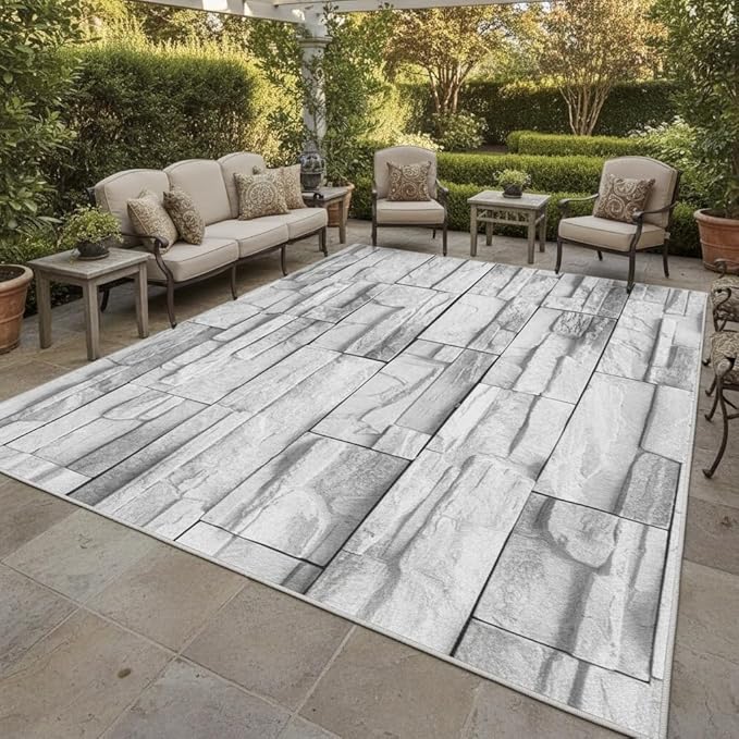 Vintage Abstract Old Brick Wall Texture Outdoor Waterproof Rug 4x6 Minimalist Gray White Stone Texture Outdoor Area Rug for Backyard Balcony Patio Deck Pool Washable Garden Courtyard Outside Mat