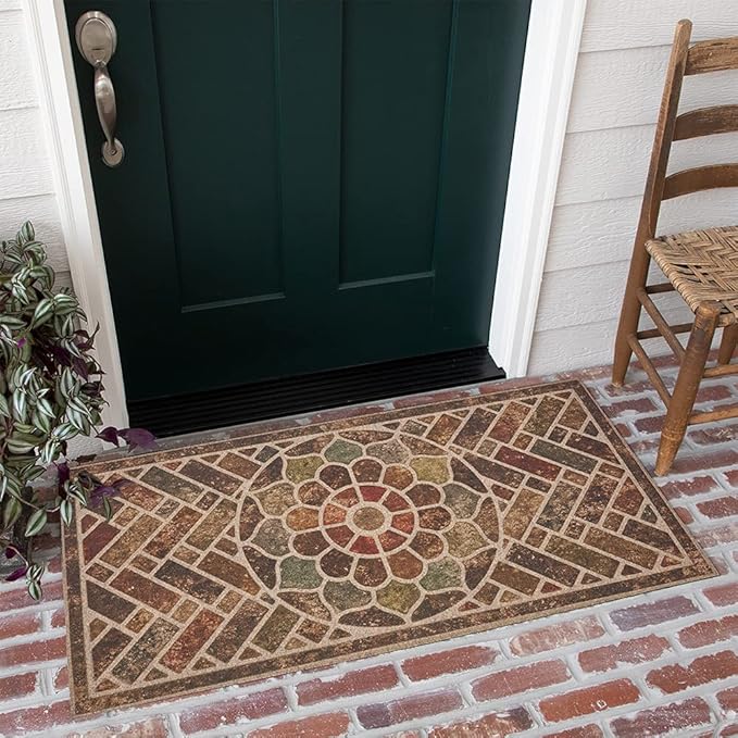 Mohawk Home Entryway Door Mat 2' x 4' All Weather Doormat Outdoor Non Slip Recycled Rubber, Ornamental Brick Brown