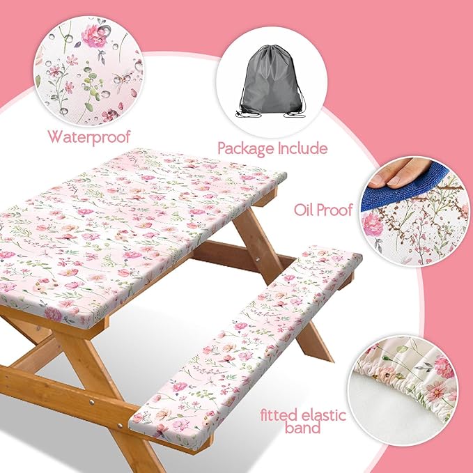 3PCS Picnic Table Cover with Bench Cover Cute Pink Floral Print Camping Tablecloth Fitted Picnic Picnic Table Cover with Elastic Windproof Waterproof, Outdoor & Garden Camping Accessories 60IN