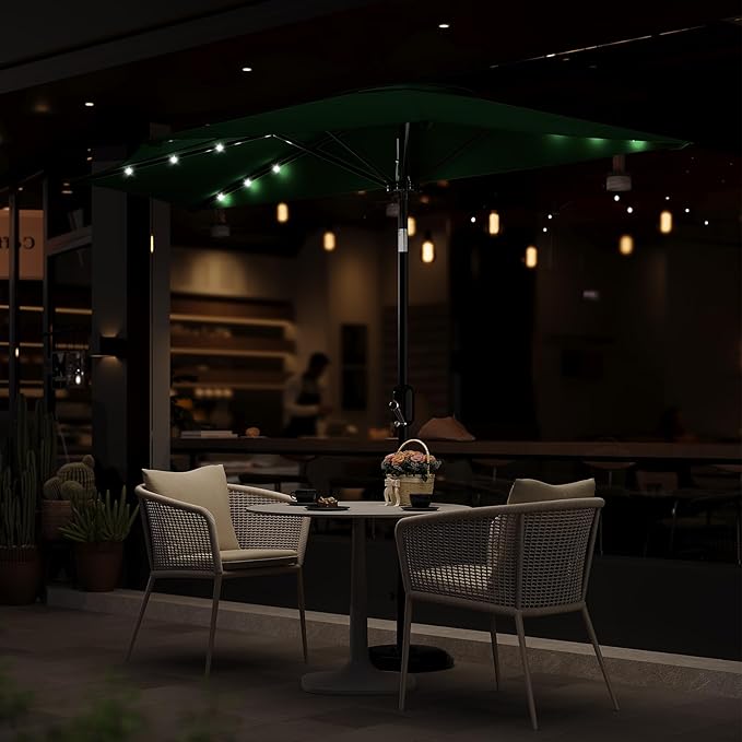 Garvee Patio Umbrella 9FT - Half Umbrella Outdoor with Solar LED Lights and Smooth Crank Lift, Outdoor Shade Canopy for Patio, Backyard, Garden, Deck, Balcony -Dark Green