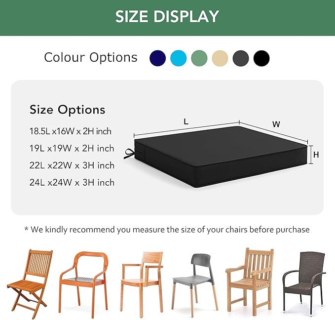 Outdoor Chair Cushions Set of 6: Waterproof & Fade Resistant Deep Seat Cushion for Patio Furniture - 24 x 24 x 3 Inch Chair Pads with Ties and Hidden Zipper - Patio Chair Cushion Replacement, Black
