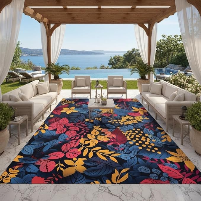 Floral Outdoor Rug 7x9 Modern Dark Blue Red Yellow Botanical Flower Area Rugs for Patio Garden Deck Porch Balcony Waterproof Non Slip Camping Yard Large Carpet Thin Washable Low Pile Floor Mat