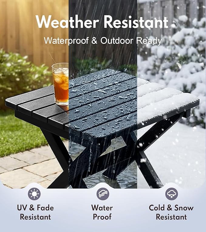 PASAMIC Folding Outdoor Side Table, HDPE Adirondack Patio End Table, Portable, No Assembly, Weather-Resistant for Camping, RV, Poolside, Garden, Indoor & Outdoor Use (Black)