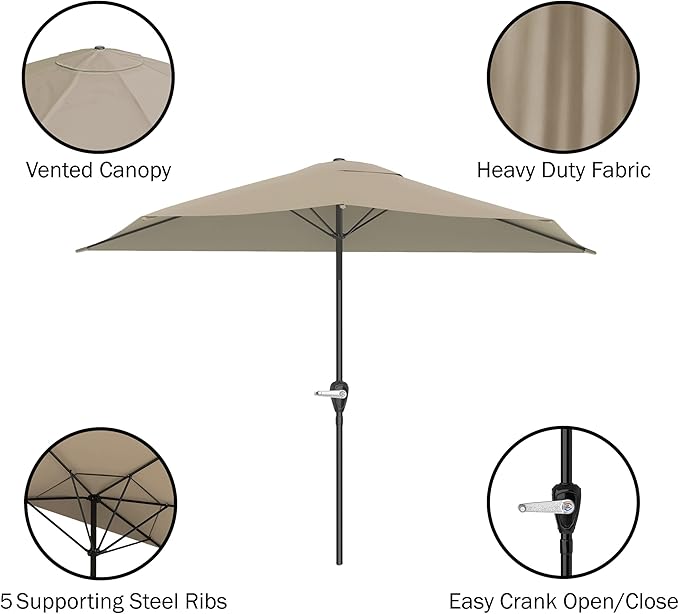 9-Ft Half Patio Umbrella Easy Crank Semicircle Balcony Shade with 20lb Weighted Base for Deck, Porch, or Against a Wall by Pure Garden (Sand)