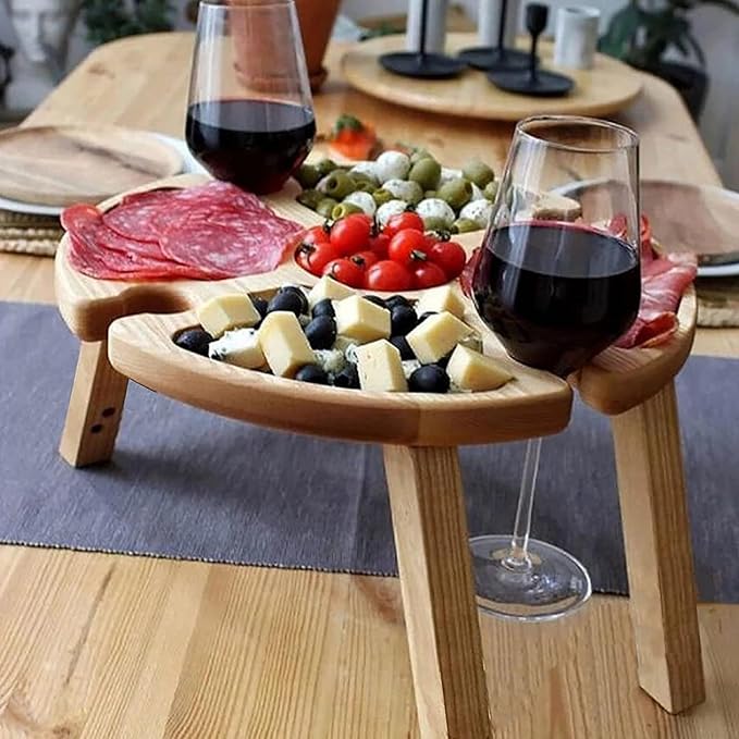 Portable Wooden Picnic Table with Wine Glass Holder - Foldable 2-in-1 Outdoor Snack Tray for Cheese & Fruit, Collapsible Camping Table with Integrated Glass Rack