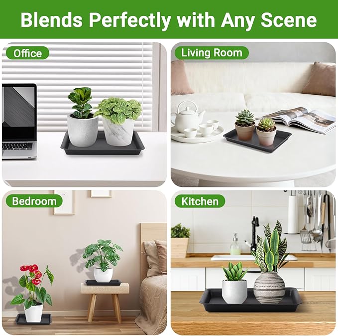 GREANER 10 Inch Plastic Plant Tray Saucer Rectangular, Black Heavy Duty Plant Trays No Holes, Humidity Trays for Indoor Outdoor Plants(3 Packs)