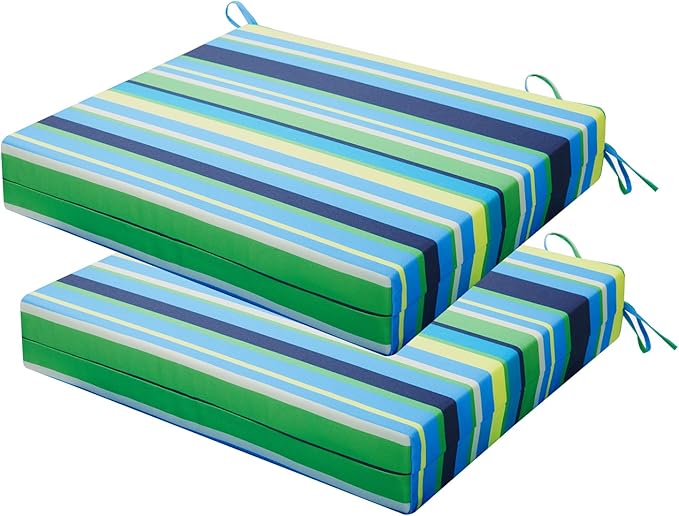 Outdoor Chair Cushions Set of 2, 18.5 x 16 Inch Patio Chair Cushions, Water Resistant, Non-Slip Ties (Blue & Green Pinstripe)