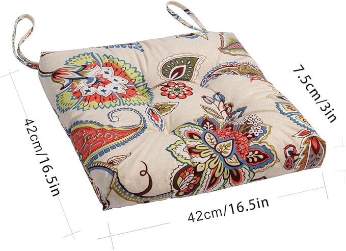 2-Pack Outdoor/Indoor Wicker Patio Seat Cushion Pad with Ties - Dining Chair Cushion, 17" x 17" (Khaki Floral)