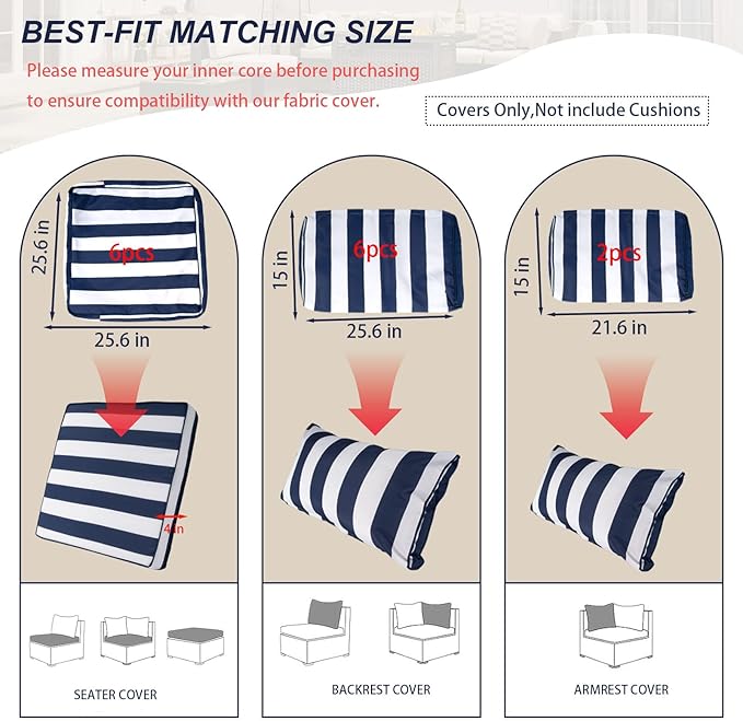 Outdoor Cushion Covers for Patio Furniture, Patio Cushion Covers Replacement with Zipper, Waterproof & Fade Resistant,Only Cover (Blue and White Stripes, 25.6Lx25.6Wx4H - Only Covers)