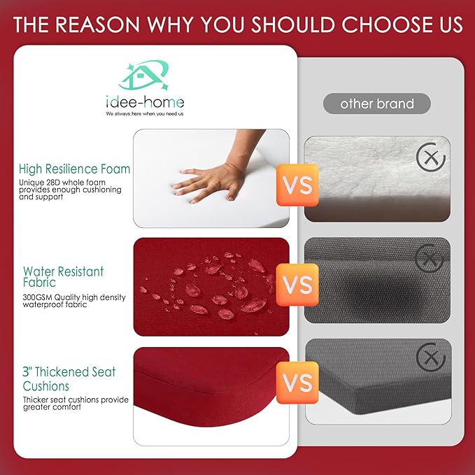 idee-home Outdoor Chair Cushions Set of 2, 19" x 19" x 2" Thick D-Shaped Patio Furniture Outdoor Seat Cushions Waterproof with Ties, Dining Pads