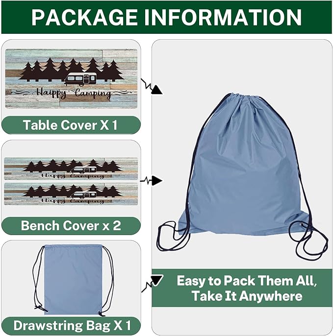 Picnic Table Cover with Bench Covers Elastic Edges, Green Camper Fitted Table Cover, Outdoor Patio Camping Essentials 72 Inch 3PCS, Waterproof Camping Fitted Tablecloth with Drawstring Bag