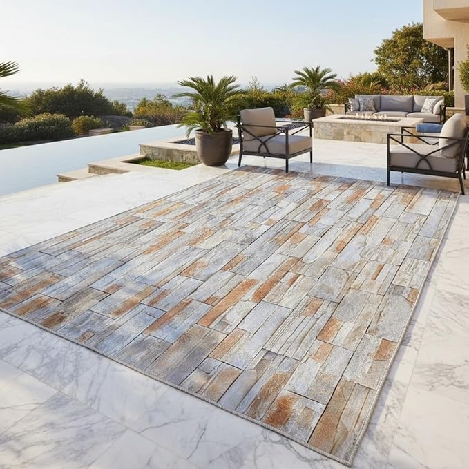 Gray Brown Irregular Sandstone Texture Outdoor Rug 4x6 Waterproof Stone Wall Print Outdoor Rug for Patio Deck Porch Balcony Backyard Camping Natural Rustic Farmhouse Non Slip Outside Carpet Mats