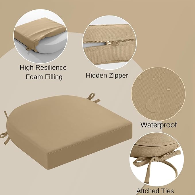 idee-home Outdoor Chair Cushions Set of 4, Thick 19" x 19" x 2" Outdoor Seat Cushions Patio Furniture Waterproof with Ties, Dining Pads
