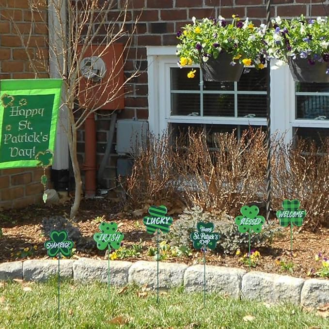 YEAHOME St Patricks Day Decorations Outdoor, Set of 6 Metal Shamrock Decorative Garden Stakes for St Patricks Day Decor, Lucky Saint Patricks Yard Signs for Garden Lawn Porch Pot Flowerbed