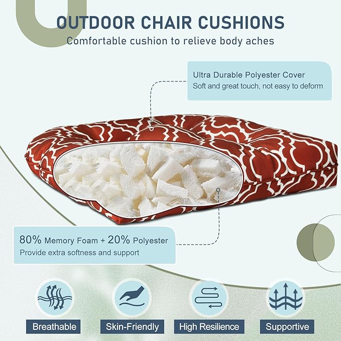downluxe Outdoor Chair Cushions Set of 2 for Patio Furniture, Waterproof Tufted Overstuffed Patio Furniture Cushions, Thick Outdoor Seat Cushion, 19" X 19" X 5", Red Gourd