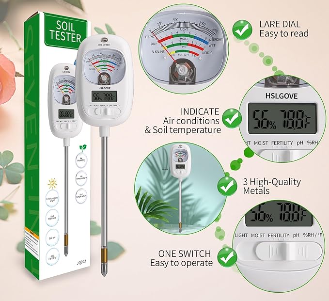 HSLGOVE Soil Test Kit, 7-in-One Soil Moisture Meter/Soil PH Meter/Fertility, Dual Screen Soil Tester w/Digital Soil Temp/Air Temp&Humidity for Plants Gardening,Lawn,Farm Indoor&Outdoor-Ice White