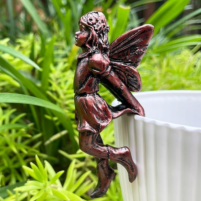 4PCS Miniature Fairies Pot Huggers Garden Planter Pot Hanger Flower Pot and Vase Huggers Resin Vintage Bronze Angel Statue Flying Fairies Figurines Home Office Desk Ornaments