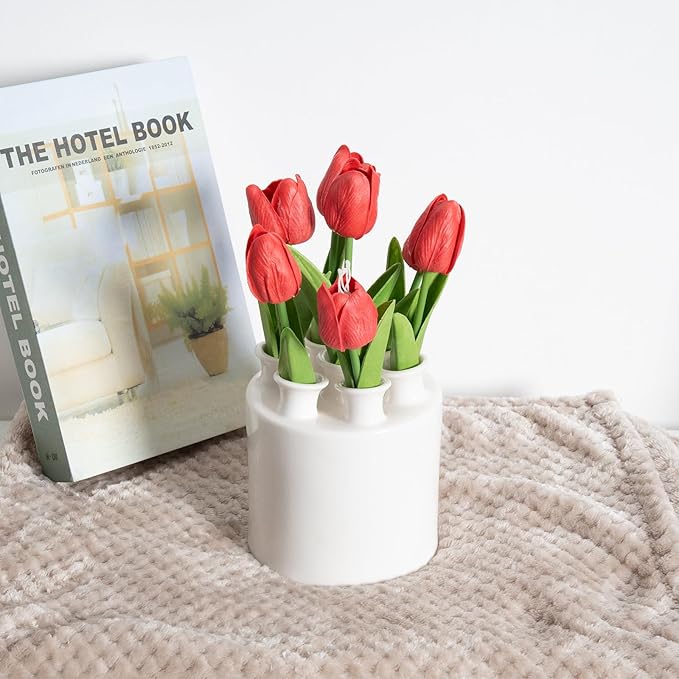 Large Ceramic Vase Modern Cylinder Design with 7 Flower Openings, Perfect Centerpiece for Tulips、Hydrangeas、Roses and Wildflowers - Ideal Home Decor Gift for Birthdays Mothers Day