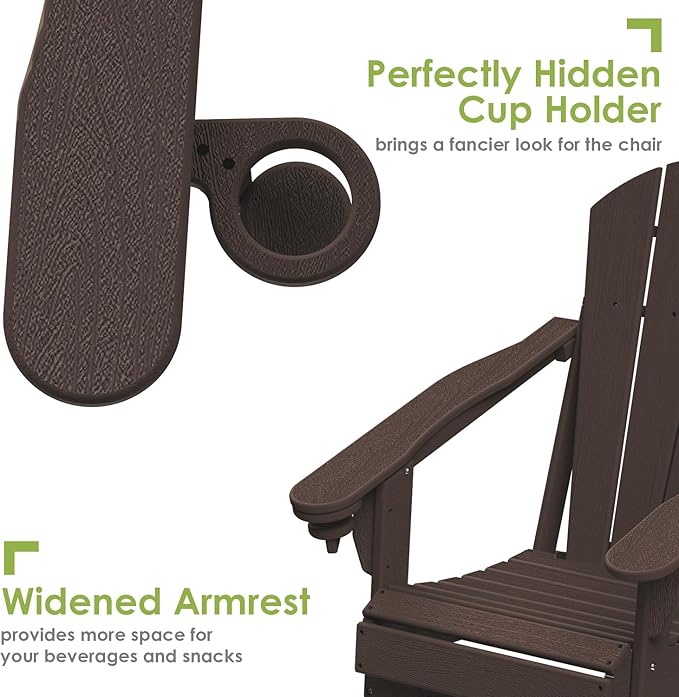 GREENVINES Folding-Adirondack-Chairs-Set-of-6 | Wood Grain | HDPE Plastic | Fire Pit Chair | All Weather | Cup Holder | Dark Brown | for Deck Backyard Patio Outdoor