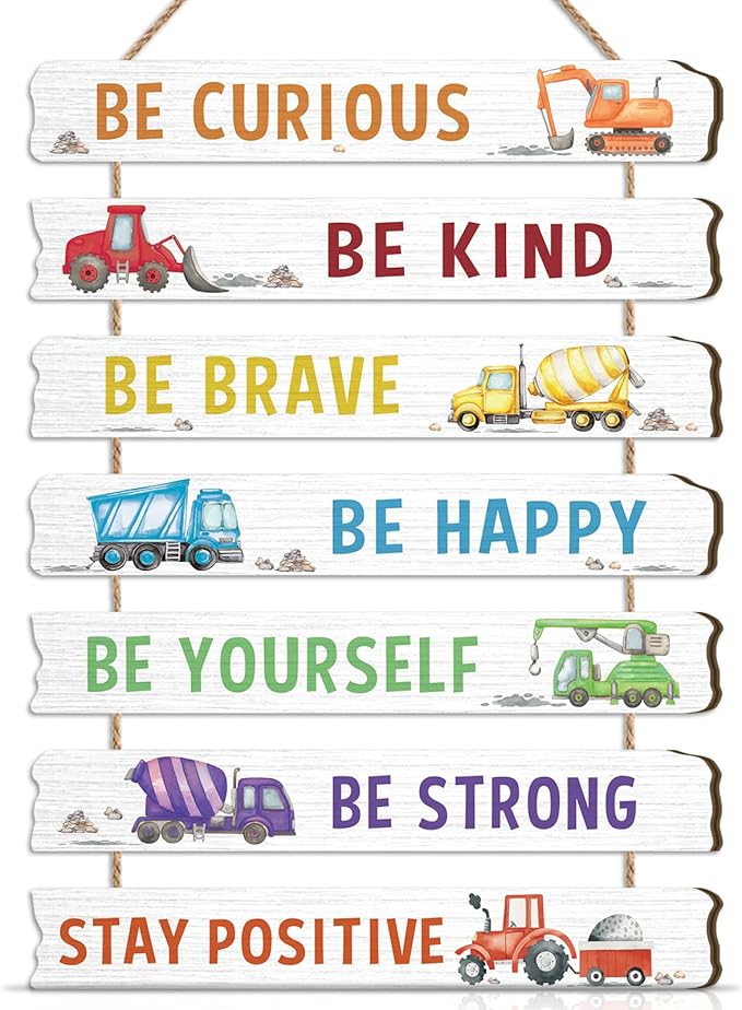 HLNIUC Construction Room Decor for Boys,Motivational Transportation Positive Quotes Hanging Plaque,Cartoon Truck Wall Art,Inspiring Classic Vehicle Hanging Sign for Kids Room Playroom Nursery Decor