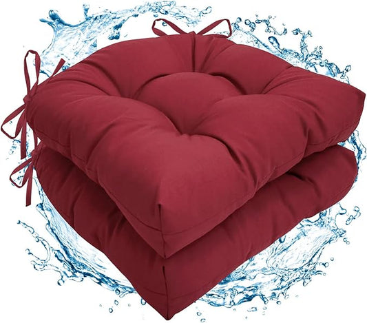 2 Pack Waterproof Outdoor Chair Cushions, Thick Tufted U-Shaped Seat Cushions with Adjustable Ties for Garden Chairs, Patio Furniture, 19x19x4.5 Inches